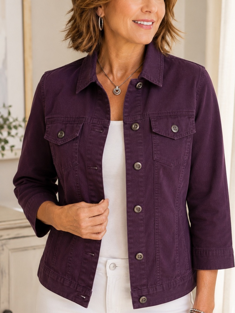 Chico’s Women’s Size 3 (Purple Plum Utility Trucker Jacket 3/4 Sleeve Button